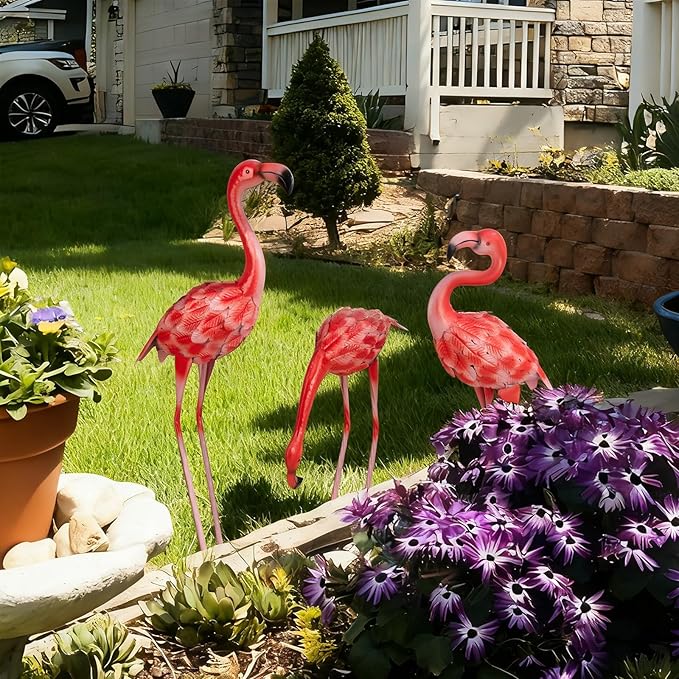 XONOR 3Pcs Flamingo Garden Statues Metal Flamingo Yard Art Outdoor Statues Sculptures for Home Patio Lawn Backyard Décor(Pink&Red)