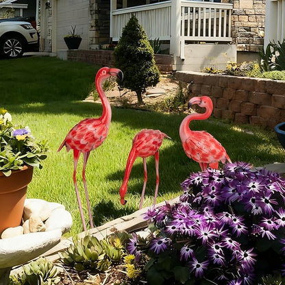 XONOR 3Pcs Flamingo Garden Statues Metal Flamingo Yard Art Outdoor Statues Sculptures for Home Patio Lawn Backyard Décor(Pink&Red)