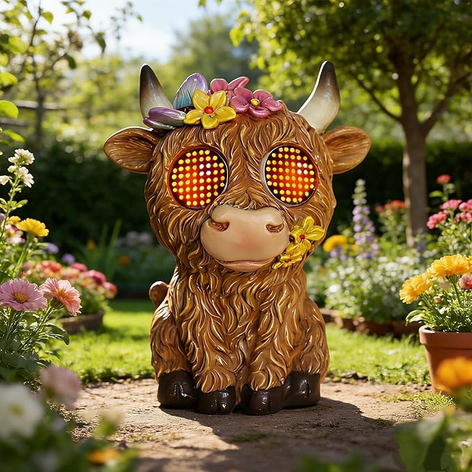 Solar Highland Cow Garden Outdoor Statues,Animals for Garden Decor with Moving Led Eyes,Lawn Decor Animal Statues for Patio,Balcony,Yard Ornament - Garden Gifts for Mom Grandma (Highland Cow)