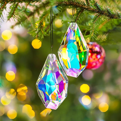 H&D HYALINE & DORA Set of 2 Crystal Sun Catcher Prisms 3.5" AB Colored Hanging Crystals for Window Rainbow Maker Prisms for Home Garden Decor