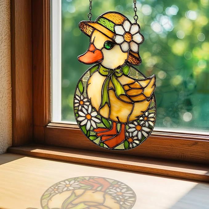 Mosaic Floral Daisy Duck Easter Acrylic Suncatcher Stained Glass Effect Window Car Hanging Christmas Ornament Indoor Outdoor Decor Garden Sun Catcher Panel for Easter Lover for Women Mom Grandma