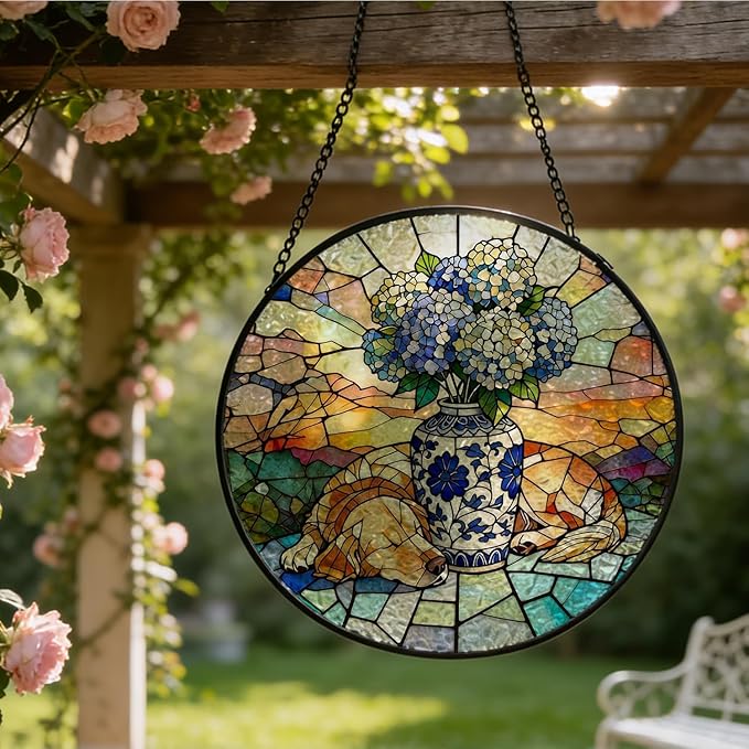 Chinoiserie Hydrangea Golden Retriever Stained Glass Window Hanging, Sleep Dog Flower Suncatcher Indoor Window Glass Round Wall Art Decor, 7.9x7.9 Inch