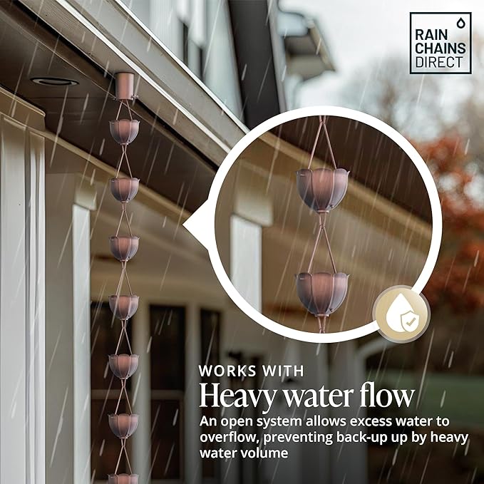Rain Chains Direct Rain Chain - Rain Chains for Gutters - Orchid, 8.5 Feet, 100% Pure Copper, Rain Chains for Downspouts