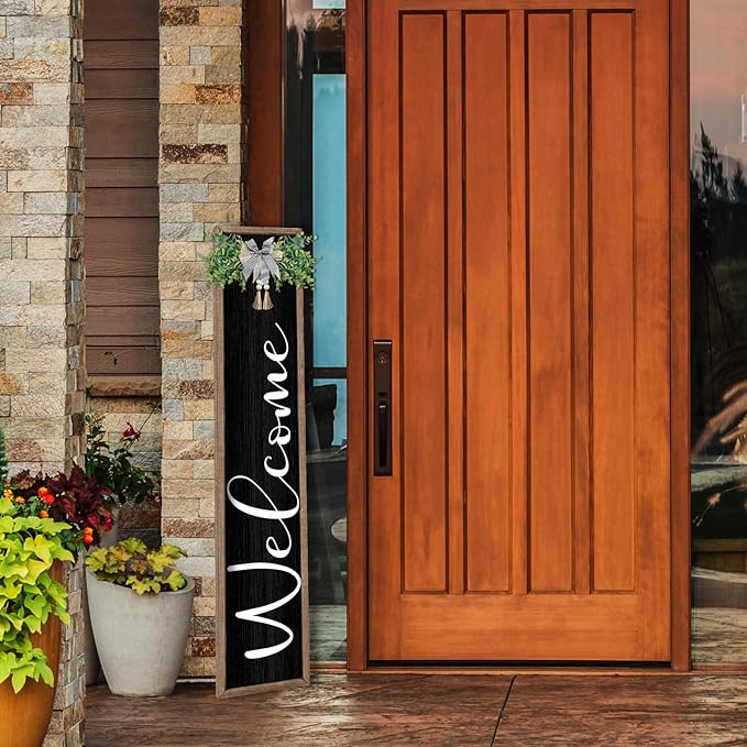 flowtorely Outdoor Welcome Sign for Front Porch Standing 45"×9" Vertical Leaner Wood Frame Tall Outside Rustic Large farmhouse Home Decor Welcome Sign for Front Door Decorations (Wood Black)