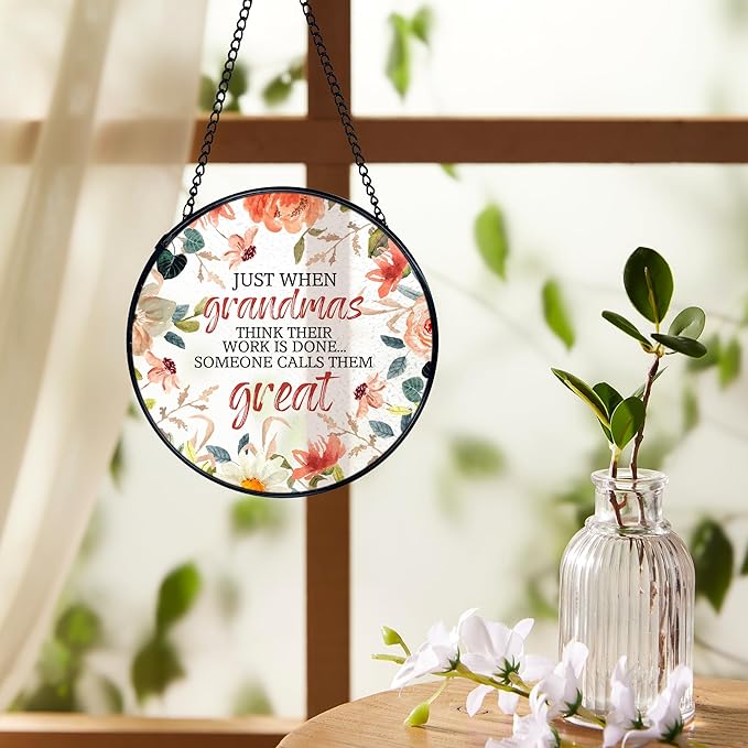 Great Grandma Flower Suncatchers Stained Glass Window Hanging, Great Grandma Gifts Sun Catchers Indoor Window Glass Round Wall Decor, 7.9x7.9in