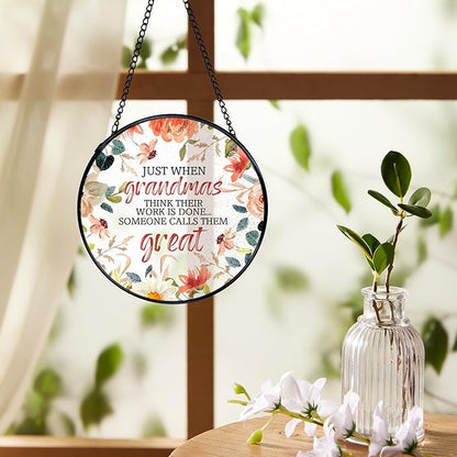Great Grandma Flower Suncatchers Stained Glass Window Hanging, Great Grandma Gifts Sun Catchers Indoor Window Glass Round Wall Decor, 7.9x7.9in