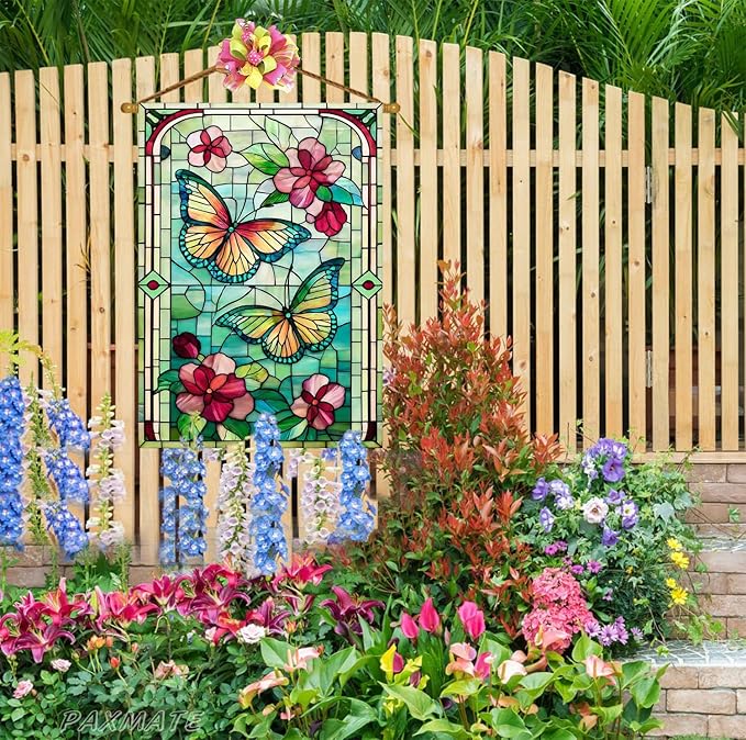 Spring Summer Butterfly House Flag 28x40 Inch Double Sided, Stained Glass Floral Butterfly Outdoor Flag, Colorful Flower Large Yard Lawn Porch Patio Farmhouse Garden Decor