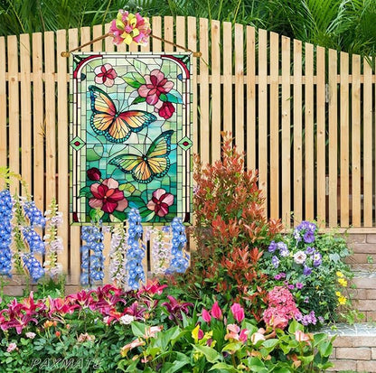 Spring Summer Butterfly House Flag 28x40 Inch Double Sided, Stained Glass Floral Butterfly Outdoor Flag, Colorful Flower Large Yard Lawn Porch Patio Farmhouse Garden Decor
