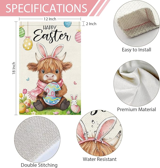 Heyfibro Happy Easter Highland Cow Bunny Garden Flag 12x18 Double Sided Burlap, Cute Cow with Bunny Ears & Easter Egg Yard Banner for Spring Holiday Farmhouse Yard Outdoor Decor(ONLY FLAG)