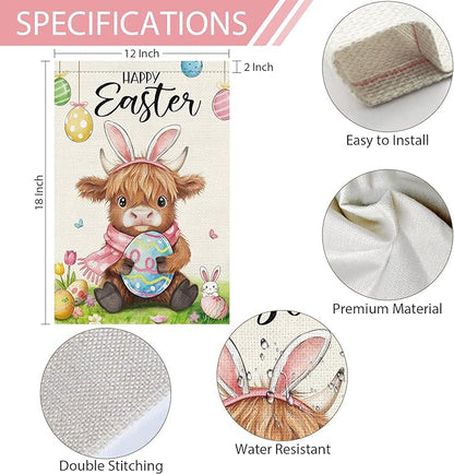 Heyfibro Happy Easter Highland Cow Bunny Garden Flag 12x18 Double Sided Burlap, Cute Cow with Bunny Ears & Easter Egg Yard Banner for Spring Holiday Farmhouse Yard Outdoor Decor(ONLY FLAG)