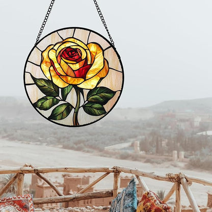 Stained Glass Window Hanging - Elegant Yellow Rose Flower Sun Catcher for Door Garden Home Decor Suncatcher Christmas Mother's Day Birthday Gifts for Women Mom Girl Nana Friend 7.8 in
