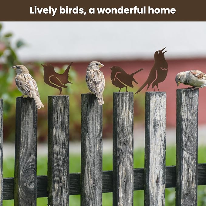 5PCS Rusty Metal Birds Decoration,Outdoor Fence Yard Decor,Metal Birds Craft Statue Ornaments for Yard Art,Garden Decor