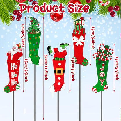 Roowest 5 Pack 12'' H Metal Christmas Yard Stakes Outdoor Decorations Red and Green Christmas Stocking Elf Santa Signs Winter Potted Plant Stakes for Holiday Lawn Garden Home Porch Party Decor