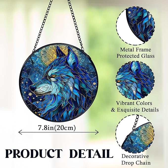 Funny Wolf Gifts Suncatcher Window Hanging, Wolf Decor Sun Catchers Indoor Window Round Glass Wall Art Decor, Animal Lover Gifts Suncatcher Wall Hanging Decorations, 711cz-blh-wolf Patio