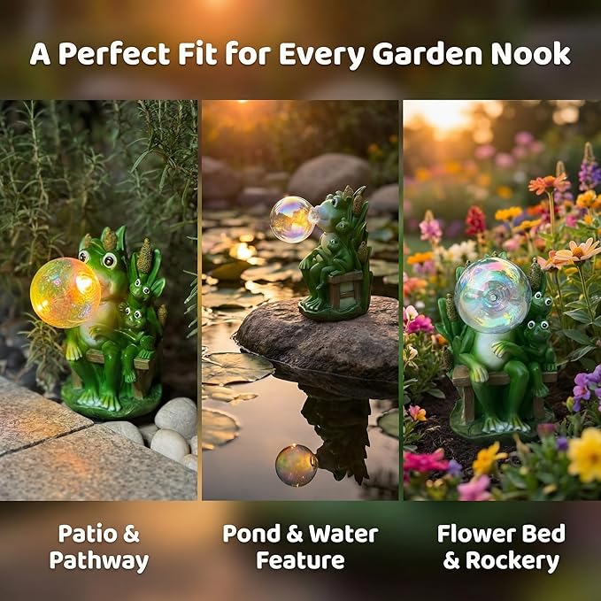 Solar Frog Blowing Bubble Garden Statue Light - Outdoor Waterproof Resin Figurine with Auto LED Glow for Patio & Yard Decor