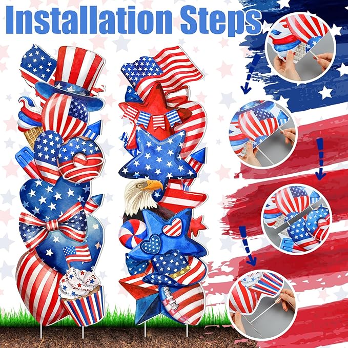 Beeveer 2 Pcs 4th of July Yard Signs Outdoor Patriotic Star Lawn Decoration 250th Anniversary American Waterproof Welcome Party Yard Signs with Stake for Memorial Home Garden Pathway Supplies