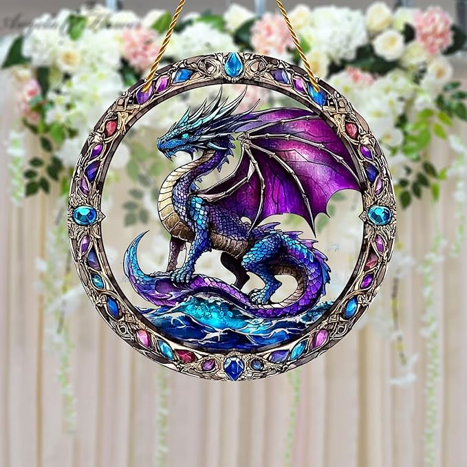 8x8 inch Charming Dragon Acrylic Stained Glass Window Hanging Sun Catcher Decor Stained Panel Hangings Wall Art Decor, for Friends and Family (Dragon)