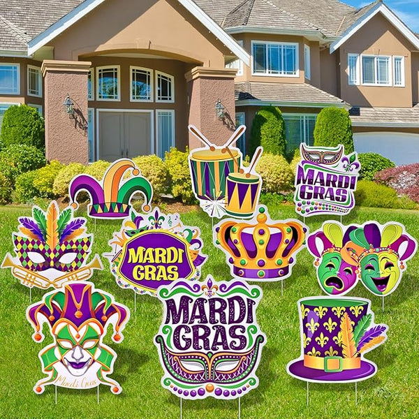 10 Pieces Mardi Gras Decorations Outdoor Yard Garden Porch Sign - Large Festive Mask, Jester, Crown, Drum, and Hat Masquerade Design Signs with Stakes for Outside Carnival Patio Pathway Lawn Decor