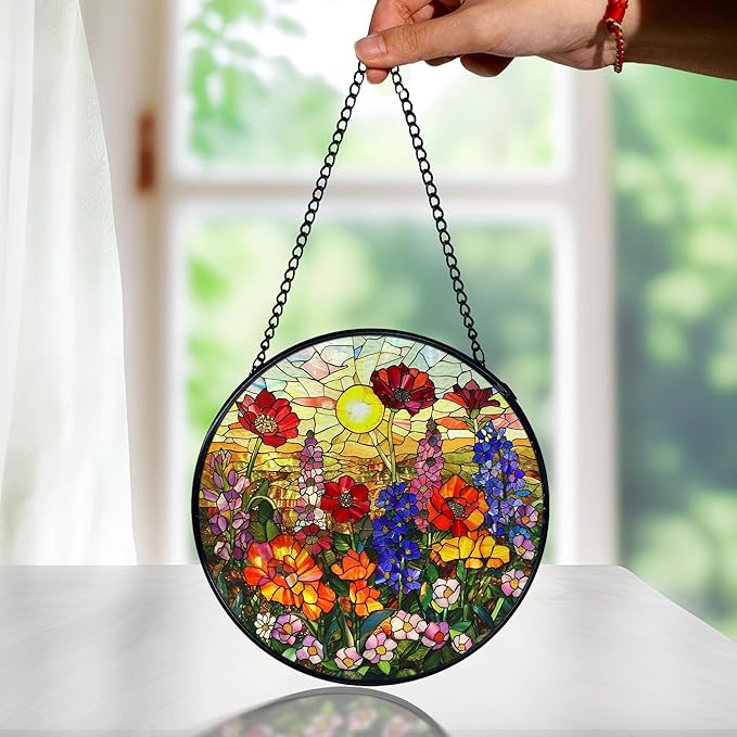 Flower Sunset Stained Glass Window Hanging, Cottagecore Wildflower Sun Catchers Indoor Window Round Glass Wall Art Decor, Floral Suncatcher Wall Hanging Decorations, Lawn Care