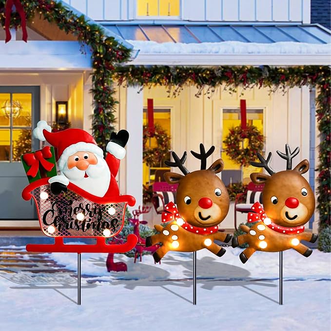 Christmas Yard Stakes Light Up Christmas Outdoor Decorations with LED Santa Claus Reindeers in Sleigh Lighted Metal Yard Stakes Xmas Garden Stake Lawn Pathway Outdoor Decoration