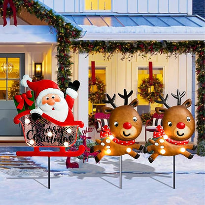 Christmas Yard Stakes Light Up Christmas Outdoor Decorations with LED Santa Claus Reindeers in Sleigh Lighted Metal Yard Stakes Xmas Garden Stake Lawn Pathway Outdoor Decoration