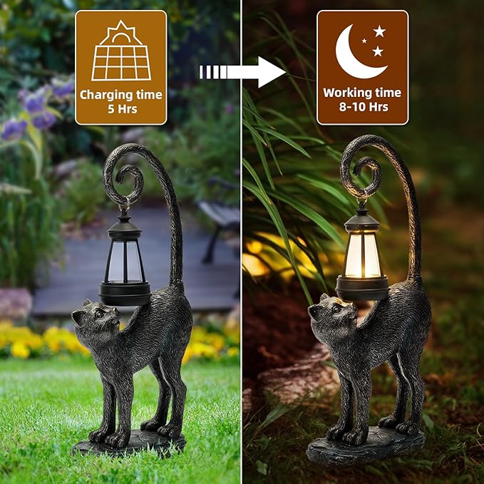 Solar Cat Garden Decor Outdoor Statue - Cat with LED Waterproof Sculptures Lights, Cute Pond/Yard Statues Outside Decoration, Home, Lawn, Patio, Resin Animal Ornament, Women/Gardening Gift