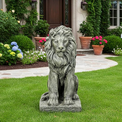 Lion Statue for Garden - Outdoor Sculpture Decoration - 22.8" H Concrete Seated Lion Statue for Home Décor Patio Yard