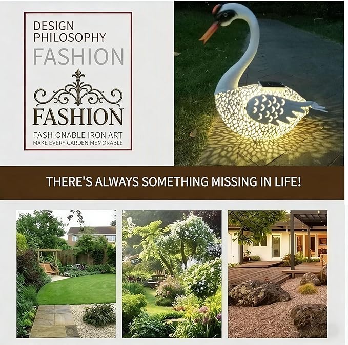 Large Swan Statue Garden Decor with Solar Powered Light, Hand-Painted Iron Art with Hollow Carved Design, Waterproof Outdoor Sculpture for Garden, Yard, Pond, Lawn and Pathway,Short