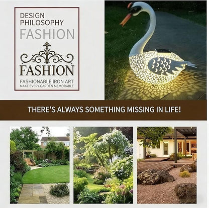 Large Swan Statue Garden Decor with Solar Powered Light, Hand-Painted Iron Art with Hollow Carved Design, Waterproof Outdoor Sculpture for Garden, Yard, Pond, Lawn and Pathway,Short
