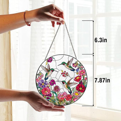 Stained Glass Window Hanging Sun Catcher 7.8 in, Colorful Hummingbird Flowers Glass Panel Suncatcher for Indoor Window Decor, Home Garden Gift for Women, Men, Wife, and Mom