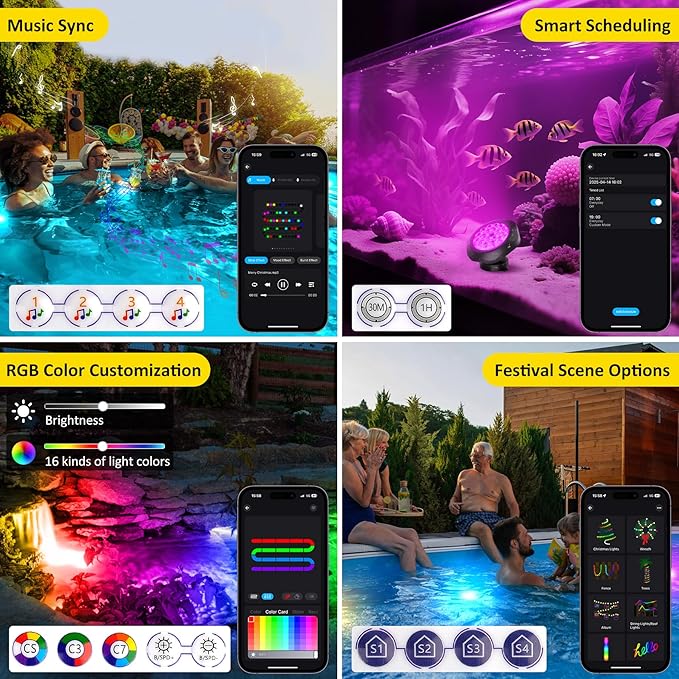 T-SUN Submersible RGB LED Pond Lights – IP68 Waterproof Fountain Lights with Smart App & Remote, 16 Million Colors Underwater Lighting for Koi Ponds/Garden Water Features Aquarium (10-Pack)