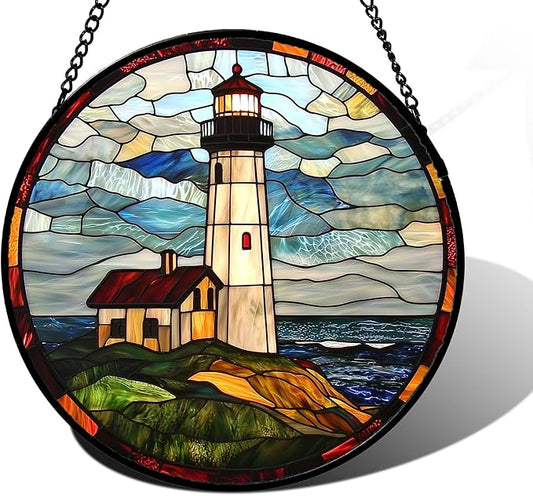 DASTOLL Stained Glass Window Hanging, Ocean Lighthouse Sun Catchers Glass Panel Blue Green Suncatcher Decor for Birthday for Women, Men, Wife, Aunt, and Mom 6.3 in