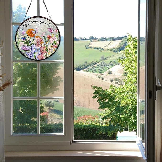 Family Birth Flowers Stained Glass Window Hanging Flower Mom Garden Sun Catcher Decor Gifts for Mom Christmas Suncatchers for Home Windows Hanging Decoration, 7.87inch