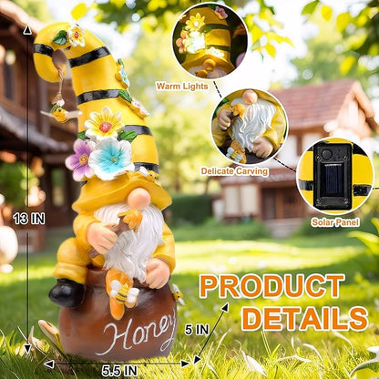 twinbling Birthday Gifts from Daughter Son - 13" Garden Solar Spring Gnomes Statues Outdoor Spring Decor with LED Lighted Bee and Flowers Funny Garden Sculpture for Patio Yard Lawn Decorations Gifts