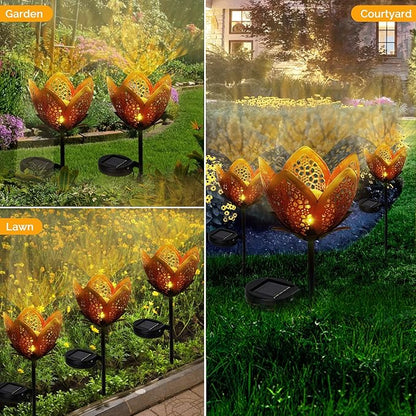 Outdoor Solar Tulip Light, Crackle Globe Glass Metal Flower Decorations Lights for Lawn Ornaments, LED Lotus Hollow Petal Stake Light for Patio Yard Lawn Walkway Ground (Tulip - 2pcs)