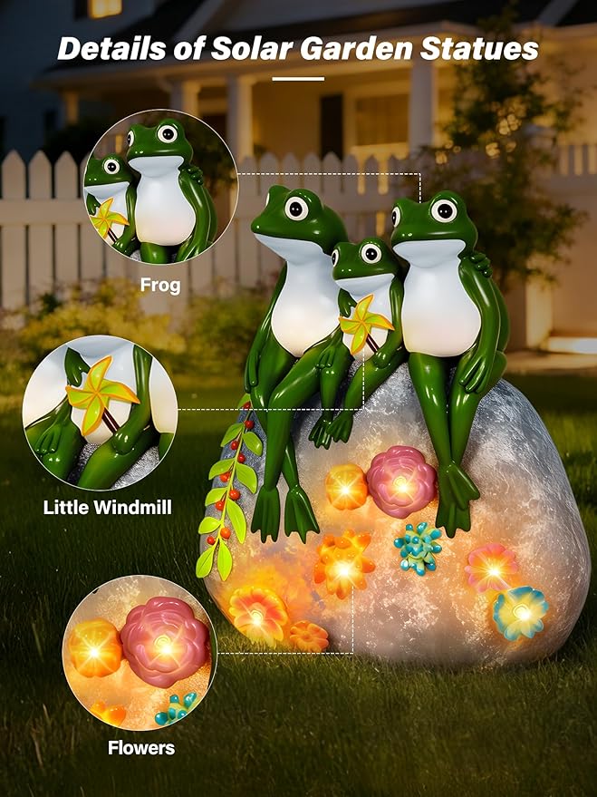 Guhope Solar Garden Statues, Outdoor Solar Frog Decor with Succulent and 6 LED Lights, Outside Yard Figurine Decor for Garden, Lawn, Patio, Balcony, Porch, Unique Gifts for Mom Grandma