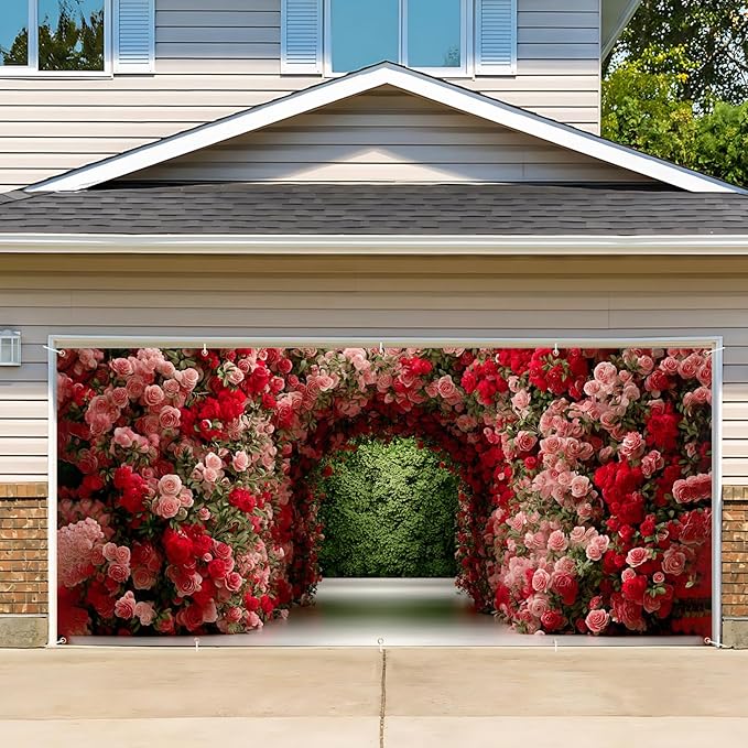 16x7ft Flower Tunnel Arch Garage Door Banner - Colorful Blossom Pathway Backdrop, Large Hanging 2 cars Garage Decorations - for Spring Garden Party & Wedding Valentines Welcome Background Sign, Outdoor Decor