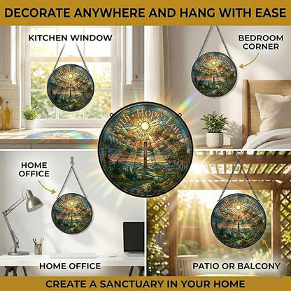 Christian Stained Glass Suncatcher, Faith Hope Love Cross Stained Glass Window Hanging, Sun Catchers Indoor Window Decor, Stained Glass Window Panel, Suncatchers for Windows Hanging Gift (6 Inch)