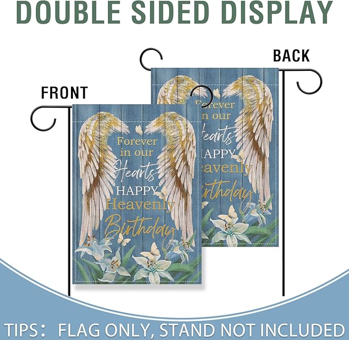 Artofy Memorial Forever in Our Hearts Wings Small Decorative Garden Flag, Happy Heavenly Birthday Lily Cemetery Yard Lawn Outside Decor, Farmhouse Burlap Outdoor Home Decoration Double Sided 12 x 18