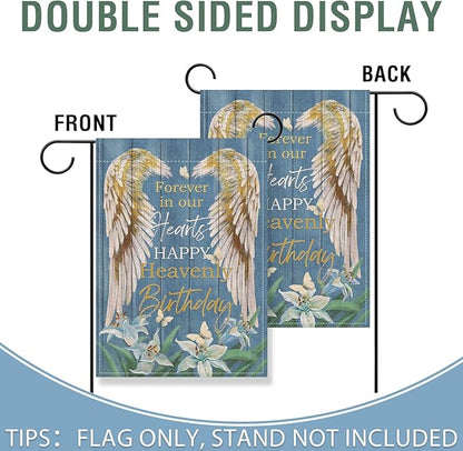 Artofy Memorial Forever in Our Hearts Wings Small Decorative Garden Flag, Happy Heavenly Birthday Lily Cemetery Yard Lawn Outside Decor, Farmhouse Burlap Outdoor Home Decoration Double Sided 12 x 18