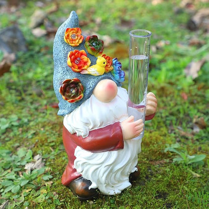 FORUP Resin Gnome Solar Rain Gauges, Resin Garden Gnome Statue with a Plastic Rain Gauge, Hand Painted Gnome Sculpture Water Gauge for Rain