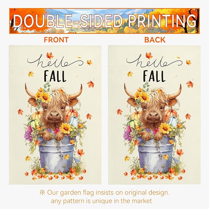 Hello Fall Garden Flag Highland Cow Polyester Yard Flag Double Sided Vertical 12x18 Inch Farmhouse Pumpkin Sunflower Floral Garden Flags Autumn Maple Leaf House Banner for Seasonal Outdoor