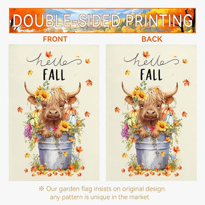 Hello Fall Garden Flag Highland Cow Polyester Yard Flag Double Sided Vertical 12x18 Inch Farmhouse Pumpkin Sunflower Floral Garden Flags Autumn Maple Leaf House Banner for Seasonal Outdoor