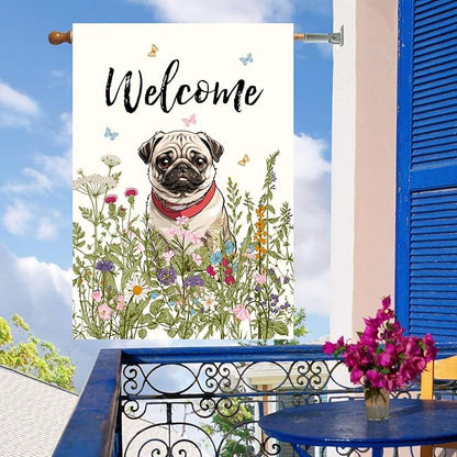 Floral Pug Garden Flag Spring Summer House Flags 28 x 40 Double Sided Flower Dog Yard Flags for Outside Large Outdoor Welcome Flags