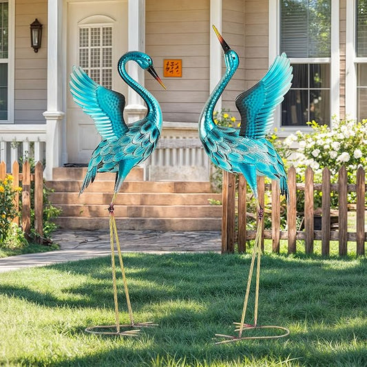 Extra-Large Blue Heron Decor, Handcrafted 47.5" Metal Crane Statue with Stable U-Ground Stakes, Backyard Decoration, Metal Garden Bird Animal Yard Art, Lawn Ornament Decor