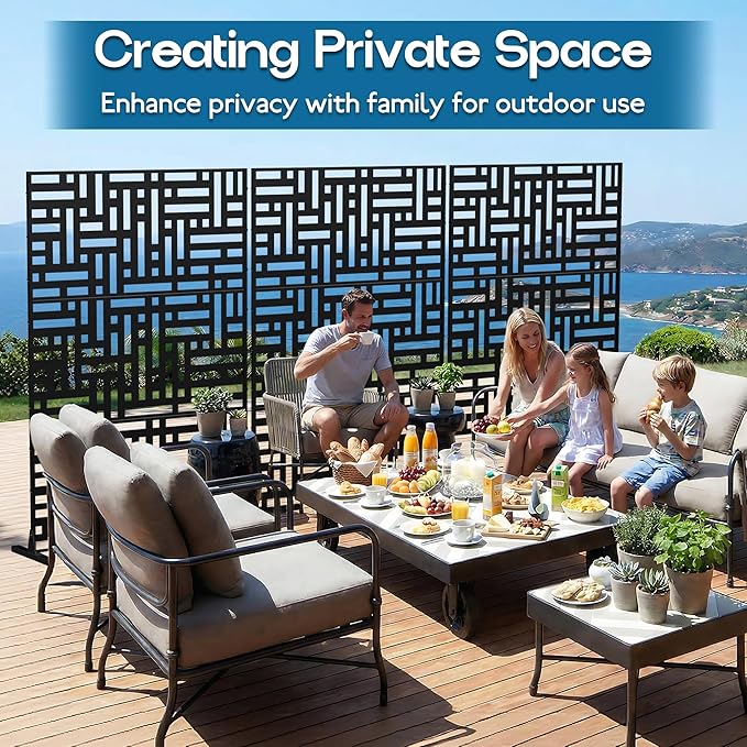 MTART Metal Privacy Screen 72" H x 47.2" Decorative Outdoor Privacy Screen Privacy Panel with Stand for Balcony Deck Patio Lawn Garden, Privacy Fence (Black-Street)