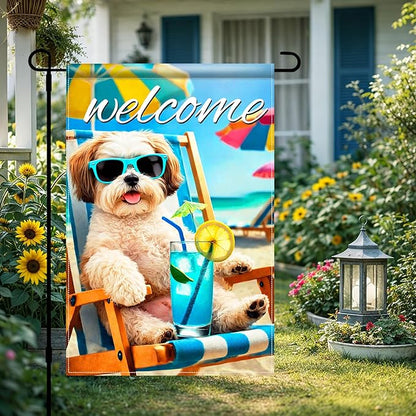 BlissYard Welcome Summer Shih Tzu Garden Flag 12x18 Double Sided Vertical Outdoor Decor Beach Chair Dog Yard Lawn Patio Tropical Poolside Banner