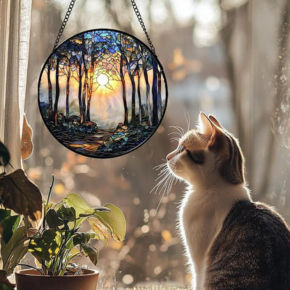 DASTOLL Stained Glass Window Hanging, Forest Sunrise Smoke Blue Brown Tree Suncatcher for Doors Window Home Landscape Sun Catchers Decor Mother's Day Birthday Gifts for Women, Men Mom 11.8 in