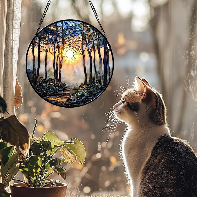 DASTOLL Stained Glass Window Hanging, Forest Sunrise Smoke Blue Brown Tree Suncatcher for Doors Window Home Landscape Sun Catchers Decor Mother's Day Birthday Gifts for Women, Men Mom 6.3 in