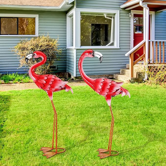 Gisafai 2 Pack 32.7 Inch Metal Flamingos Garden Statues Large Pink Flamingos Yard Outdoor Decor for Garden Home Porch Pond Patio Backyard Ornaments
